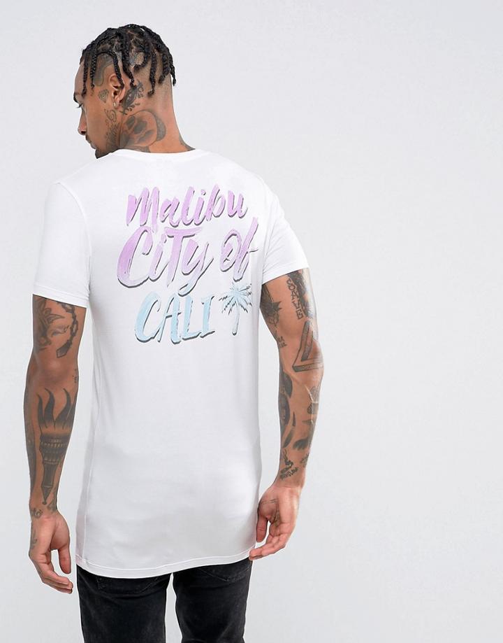 Asos Longline Extreme Muscle T-shirt With Cali Palm Print - White