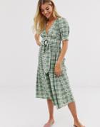 Moon River Check Buckle Detail Midi Dress-green