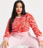 Collusion Plus Brushed Print Zebra Sweater In Red And Pink