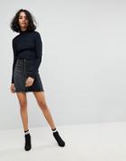 Liquor N Poker Mini Denim Skirt With Asymmetric Pocket And Embroidery - Black