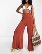 Asos Design Jersey Palazzo Beach Pants In Brown