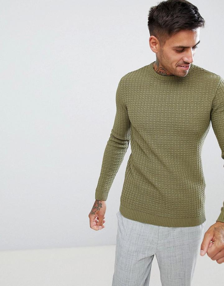 Asos Design Muscle Fit Textured Crew Neck Jumper In Khaki - Green