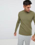 Asos Design Muscle Fit Textured Crew Neck Jumper In Khaki - Green