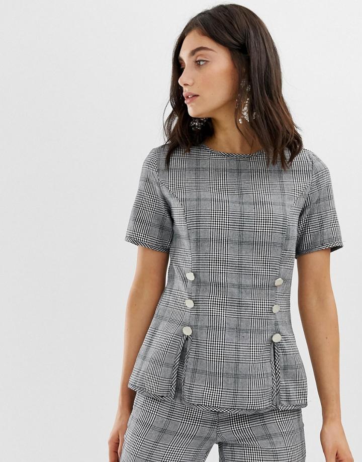 Unique21 Check Short Sleeve Top With Silver Buttons - Gray