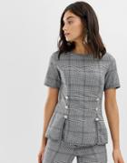 Unique21 Check Short Sleeve Top With Silver Buttons - Gray
