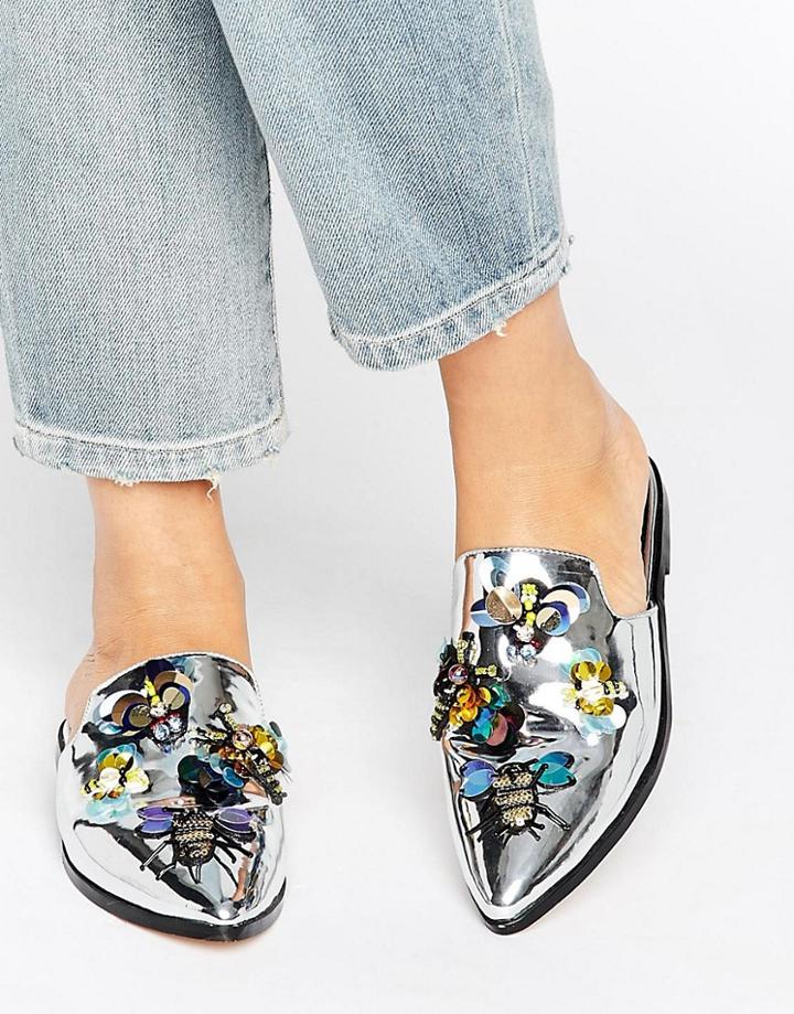 Asos Millisect Embellished Flat Mules - Silver