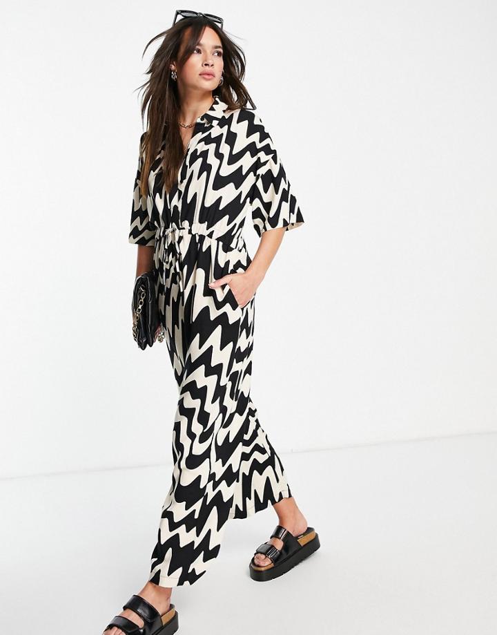 Asos Design Button Up Shirt Jumpsuit In Mono Abstract Print-multi