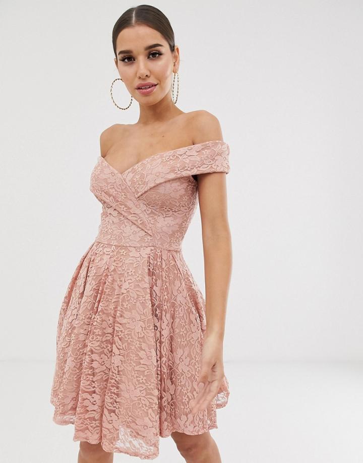 Club L Lace Bardot Skater Midi Dress-pink