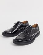 Asos Design Brogue Shoes In Black Patent Faux Leather With Studding Detail