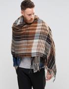Asos Checked Blanket Scarf In Brown - Brown