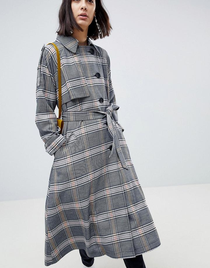 Asos Design Trench In Check - Multi