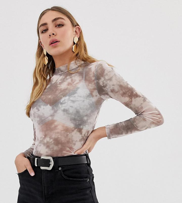 New Look Tie Dye Mesh High Neck Top In Gray Pattern