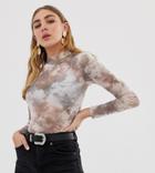 New Look Tie Dye Mesh High Neck Top In Gray Pattern