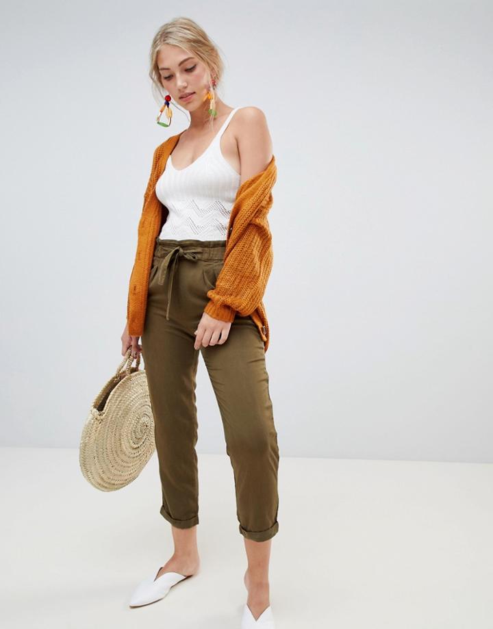 Stradivarius Khaki Tie Waist Fluid Pants - Green