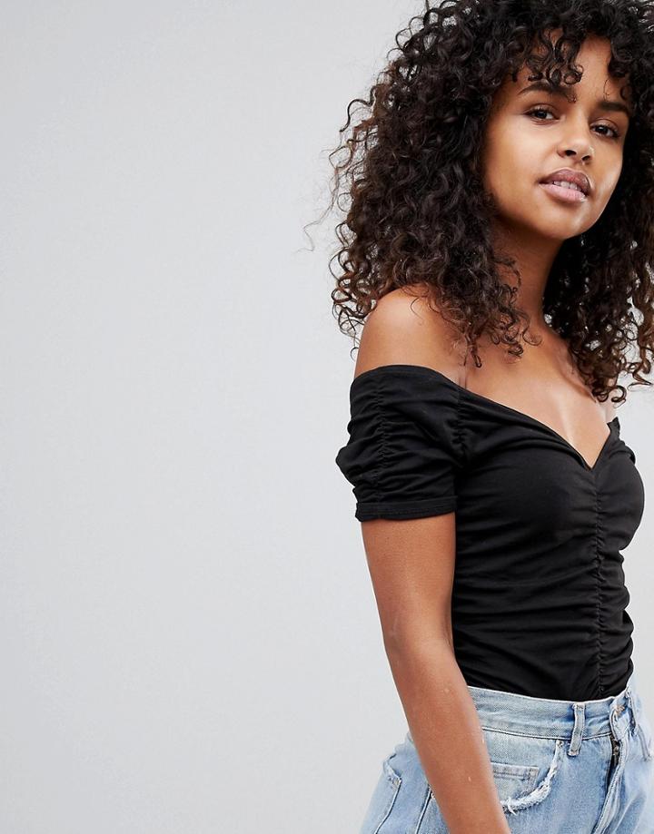 Monki V Neck Gathered Top - Black