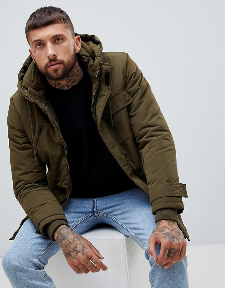 Bershka Hooded Padded Parka In Khaki - Green