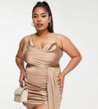 Lavish Alice Plus Satin Cowl Neck Gathered Mini Dress In Bronze-gold