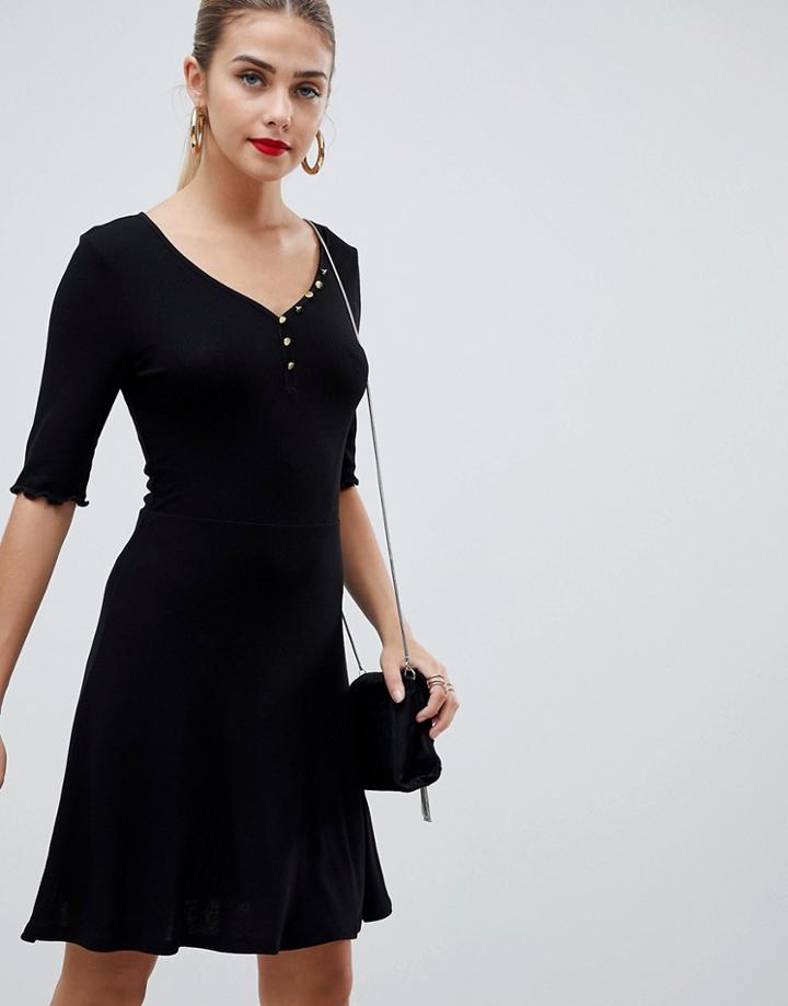 Asos Design V Neck Skater Dress With Buttons - Black