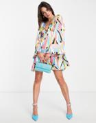 Asos Design Mini Smock Dress With Godets And Flared Sleeves In Swirl Print-multi