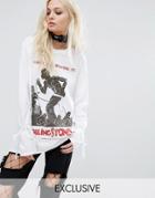 Reclaimed Vintage Inspired Band Rolling Stones Long Sleeve Top With Tie Up Sleeves - White