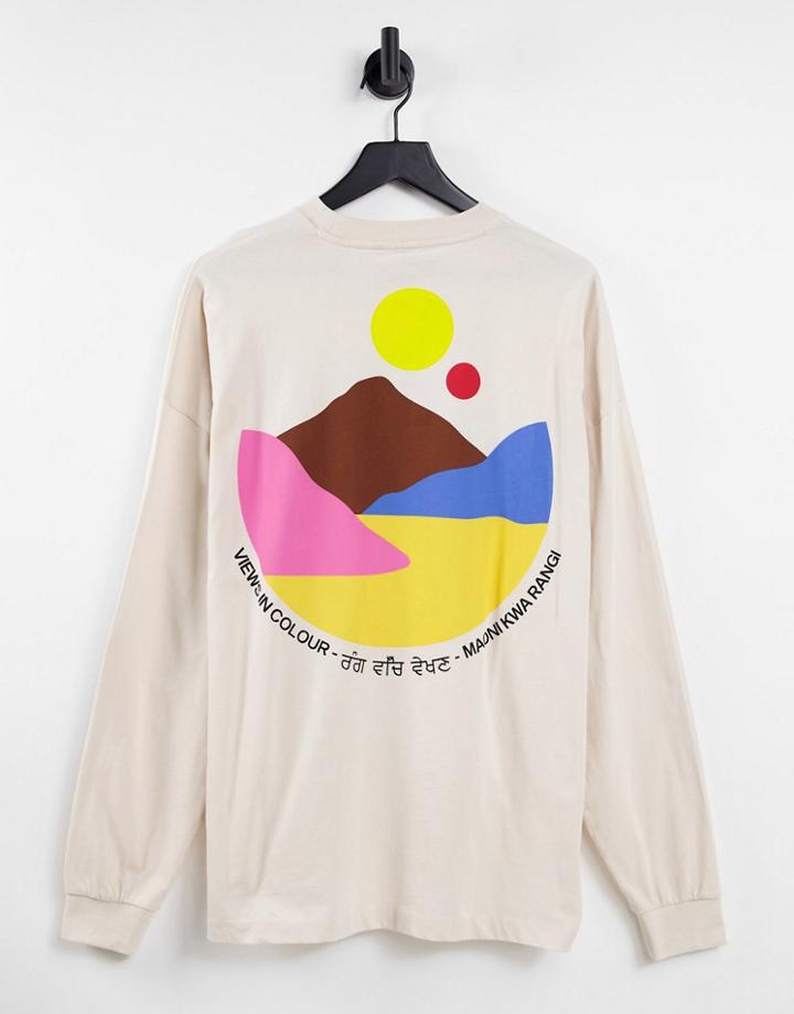 Asos Design Oversized Long Sleeve T-shirt With Mountain Back & Chest Print In Beige-neutral