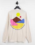 Asos Design Oversized Long Sleeve T-shirt With Mountain Back & Chest Print In Beige-neutral