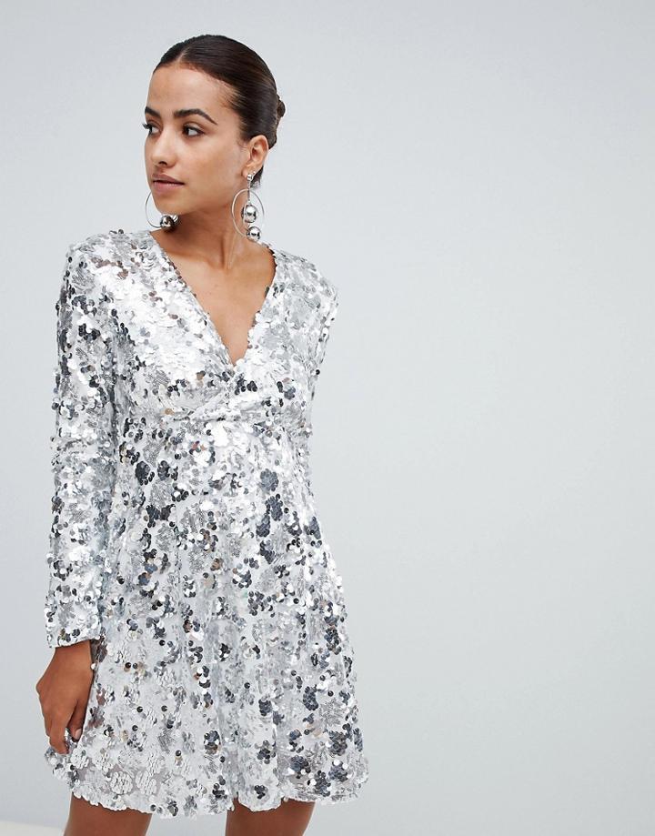 Club L Disc Sequins Wrap Over Skater Dress - Silver