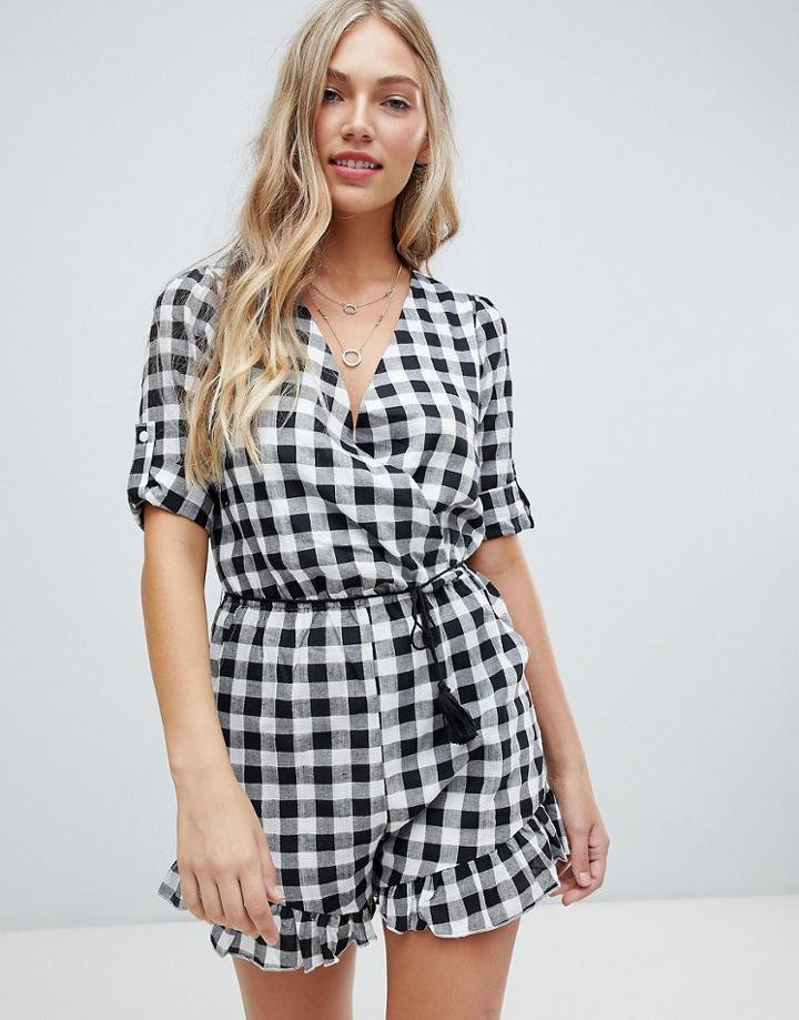 Hazel Gingham Wrap Romper-black