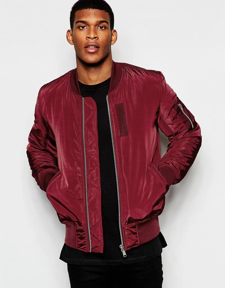 Asos Bomber Jacket With Ma1 Pocket In Burgundy - Burgundy