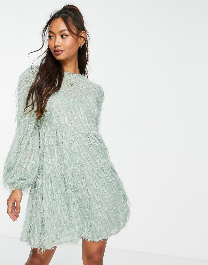 Asos Design Tiered Mini Dress In Fluffy Texture In Sage Green