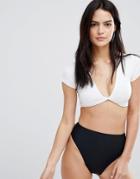 Asos Design Deep Plunge Twist Front Tshirt Bikini Top In White - White