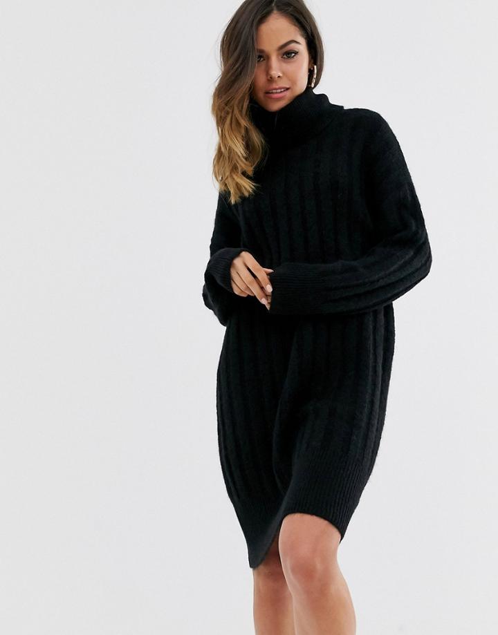 New Look Roll Neck Rib Sweater Dress In Black