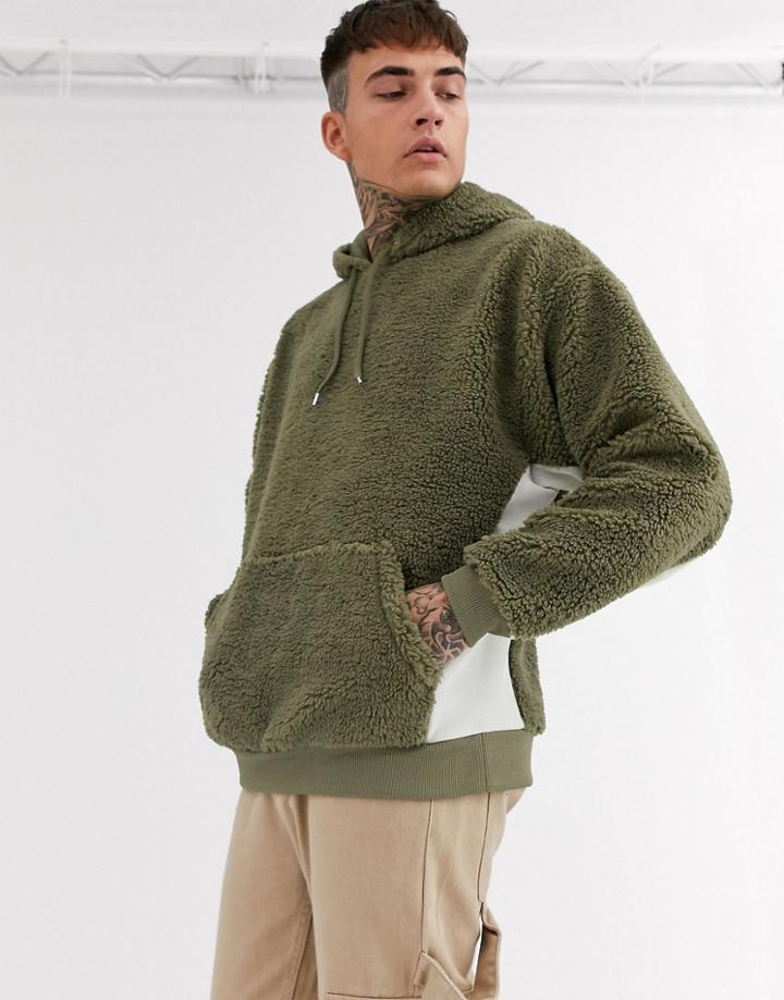 Asos Design Oversized Borg Hoodie In Khaki With Rib Inserts-green