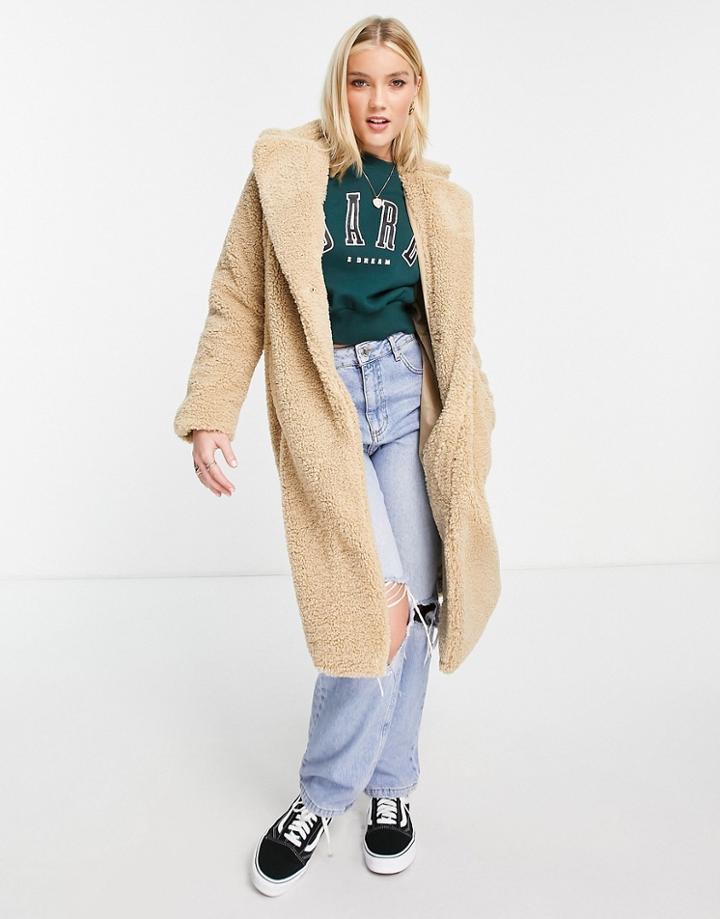 New Look Borg Coat In Camel-white