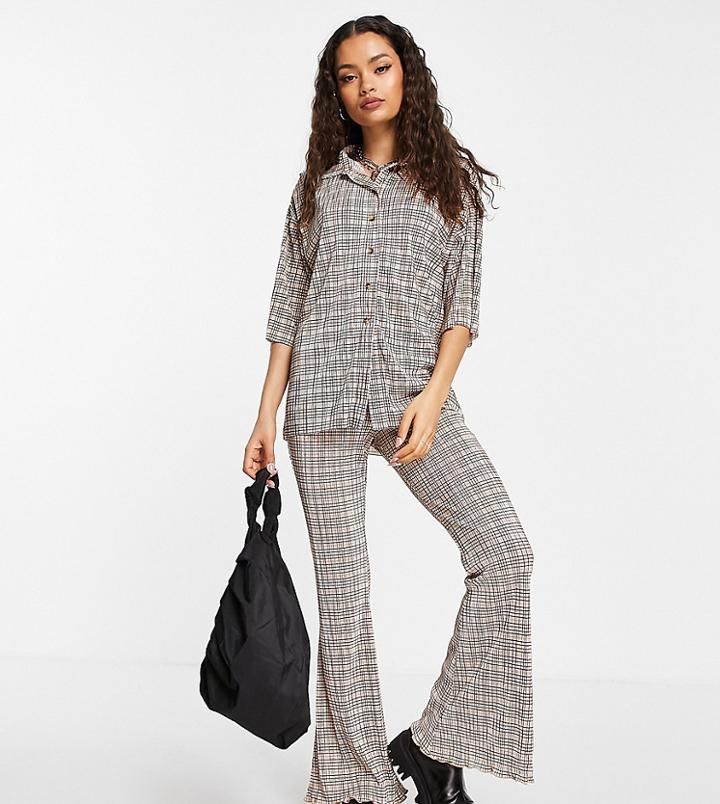 Topshop Petite Plisse Flared Pant In Check Print-multi
