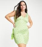 Asos Design Curve Button Side Satin Mini Dress In Green Checkerboard Print-multi