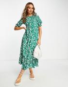 River Island Animal Print Midi Dress With Tie Back Detail In Green