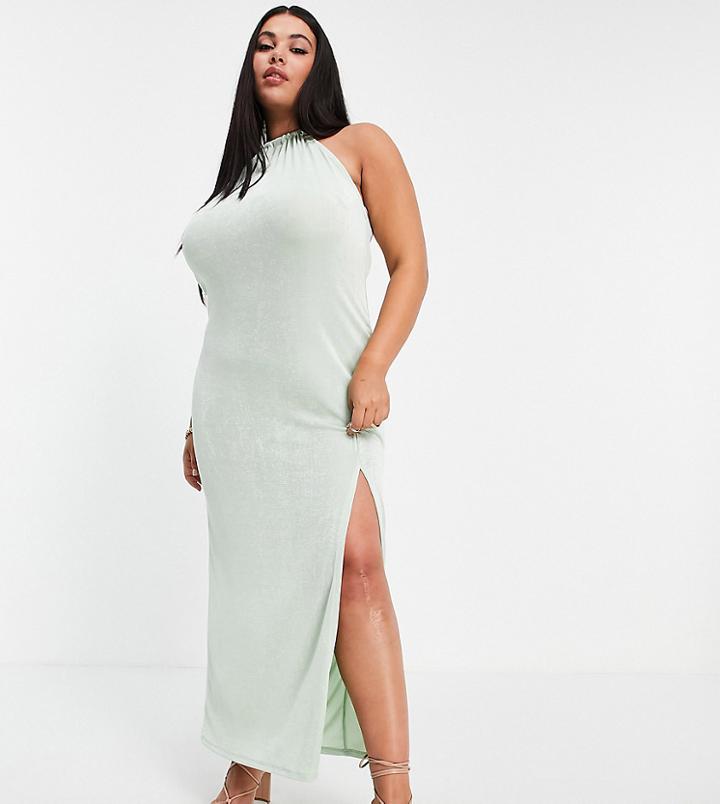 Asos Design Curve Halter Slinky Beach Midi Dress In Sage Green