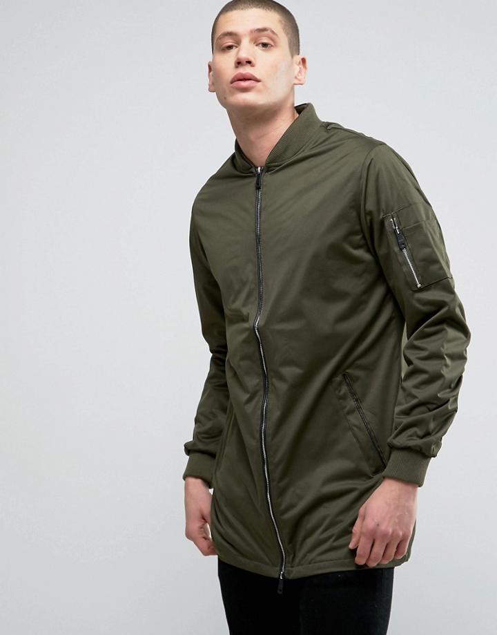 Brave Soul Long Ruched Pocket Jacket - Green