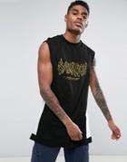 Asos Super Longline Tank With Side Panel & Salvation Print With Color Block - Black