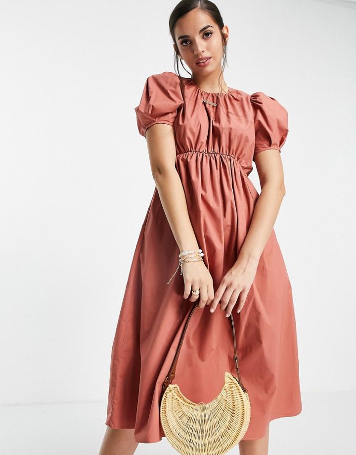Urban Revivo Gathered Waist Midi Smock Dress In Brown