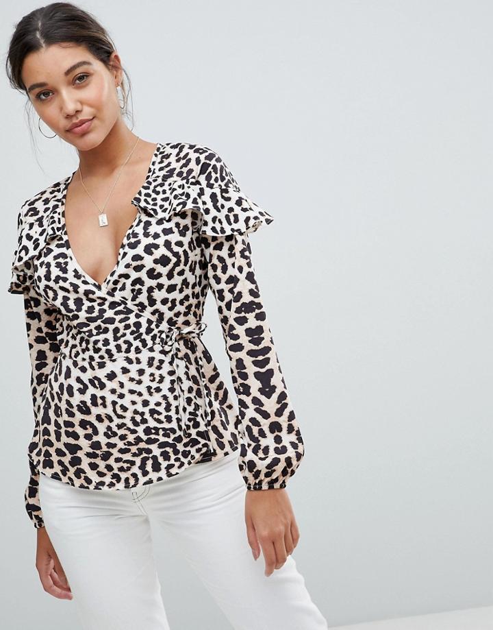 Missguided Leopard Print Wrap Blouse - Brown