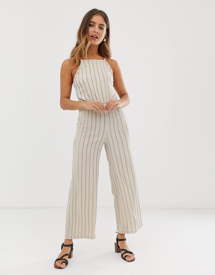 Bershka Striped Cami Jumpsuit In Off White