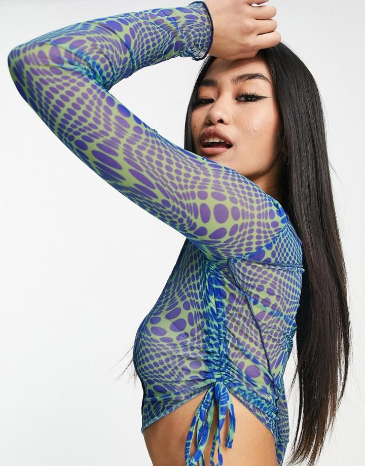 Pull & Bear Marble Print Long Sleeved Top With Side Ruching Detail In Blue