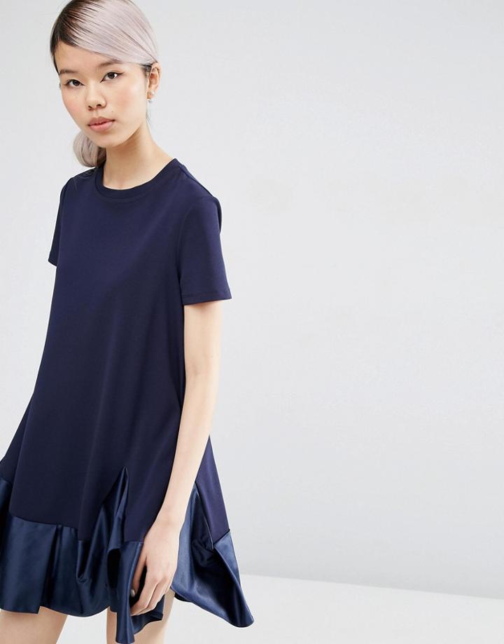 Asos Premium T-shirt Dress With Satin Frill Pephem - Navy