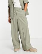 Asos Design Extreme Wide Suit Pants In Micro Seersucker In Sage Green