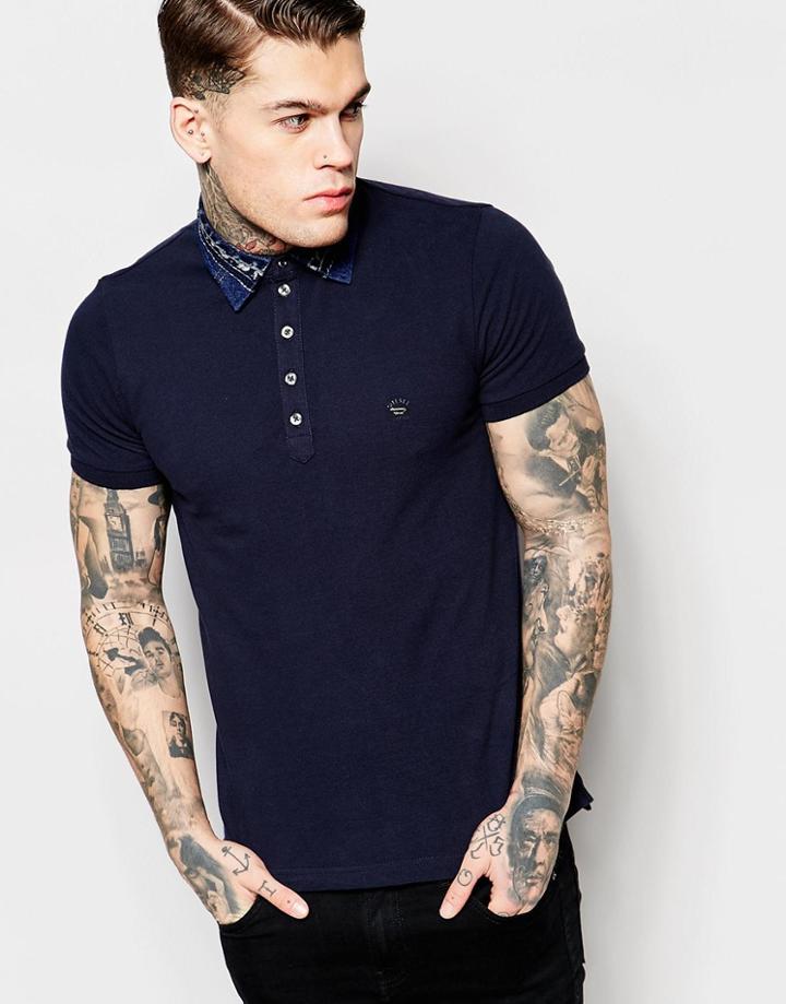 Diesel Polo T-serpico Denim Collar Slim Fit Pique In Navy - Navy