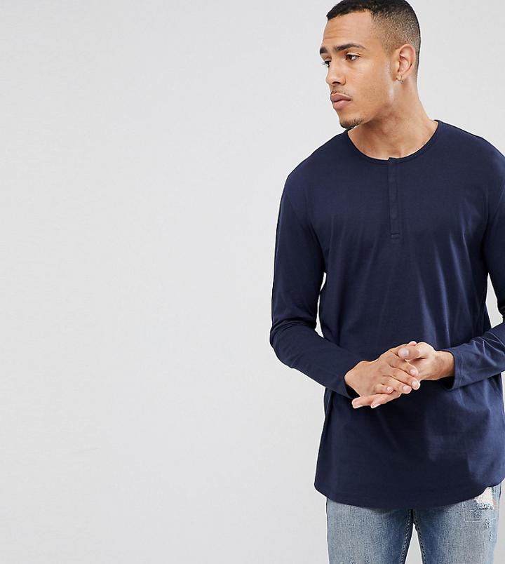 Asos Design Tall Relaxed Fit Grandad T-shirt With Long Sleeves In Navy - Navy