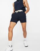 Asos Design Matching Skinny Shorts In Shorter Length Waffle With Contrast Waistband-navy