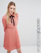 Fashion Union Tall Diana Pleated Skater Dress With Bow Tie - Pink